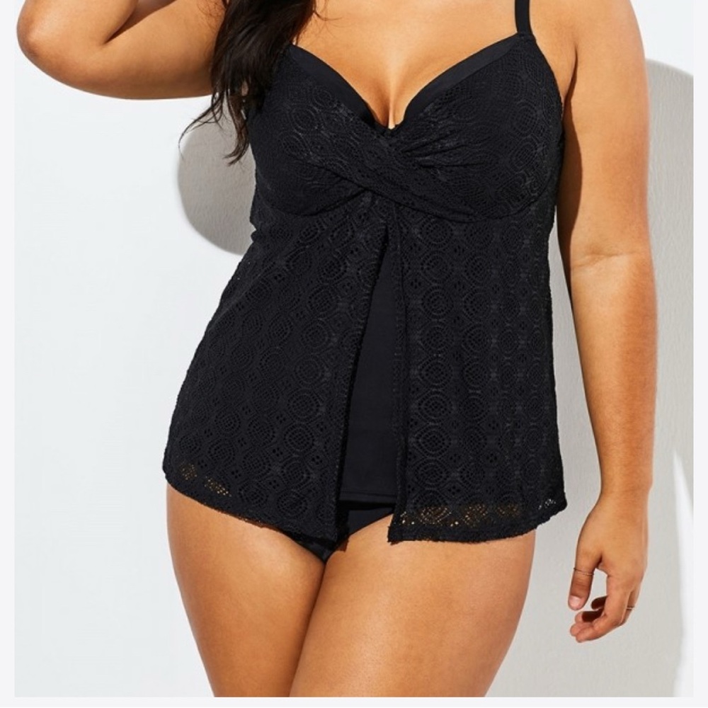 Meet.Curve Black Lace Tankini Swim Top XL NWT Twist Front Swimwear